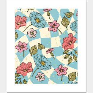 Blue Groovy Plaid Floral Posters and Art